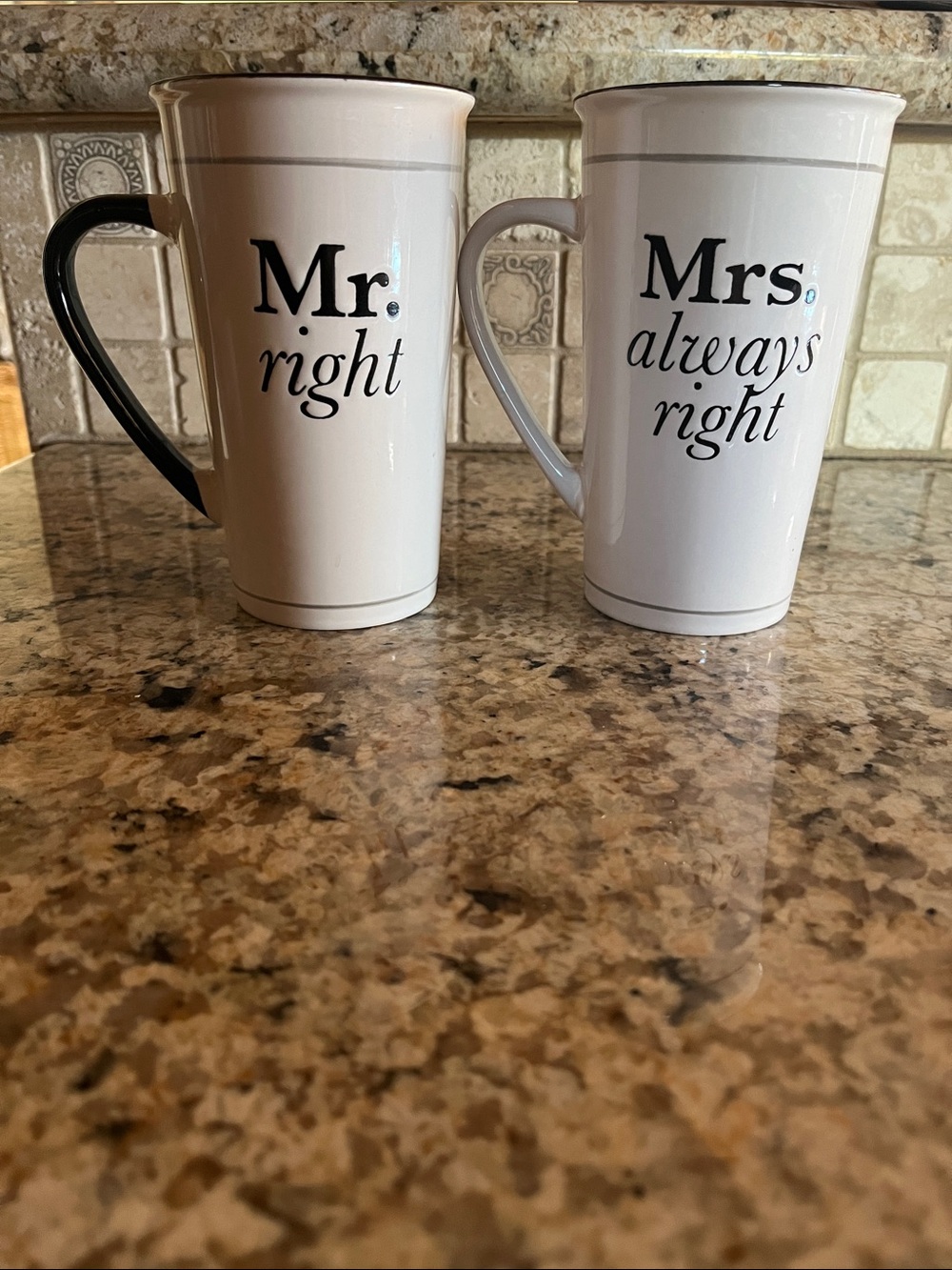 Mr. and Mrs. Ceramic Mug Pair — White with Black Accents